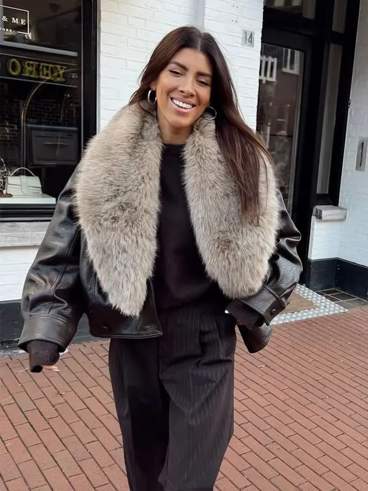 HH Winter Women Elegant Fashion Faux Fur Collar Jackets Long Sleeve Faux Leather Jacket Autumn Female Loose Casual Oversize Coat