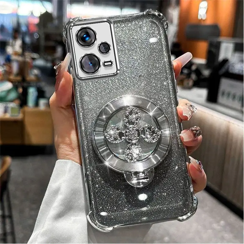 Gradient Glitter Phone Case with Holder and Hand Strap in Electroplated Design