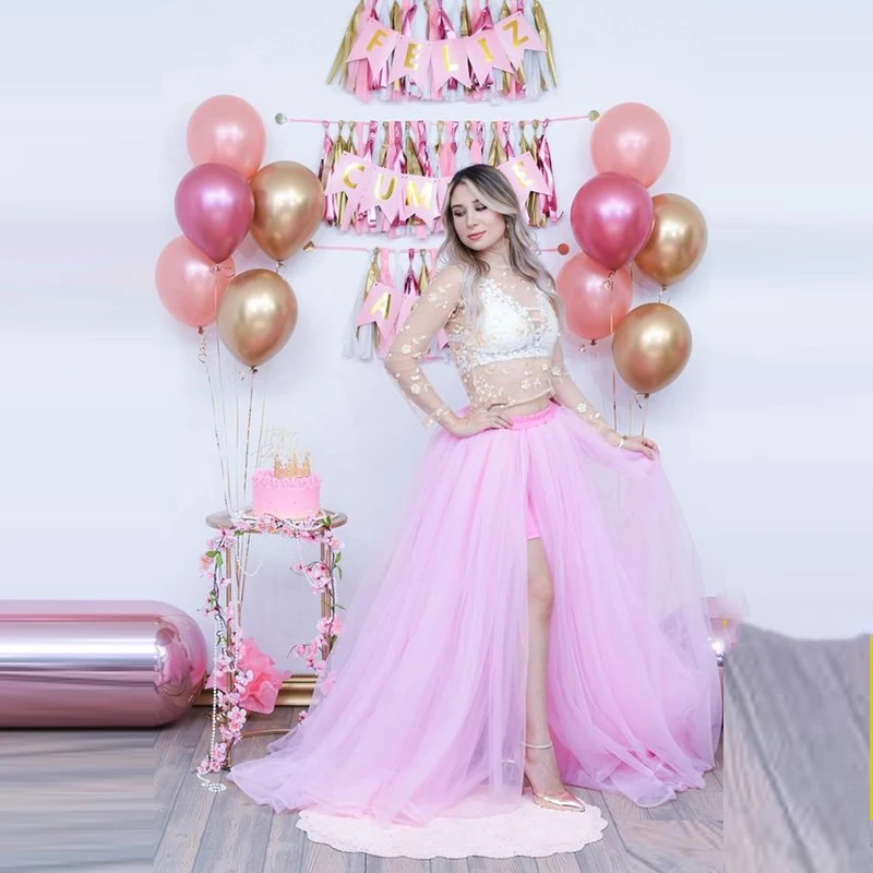 

Pink A Line Long Skirt Birthday Wedding Party Puffy Tulle Elastic Waistband Saias High Street Skirt Long Skirts For Lady