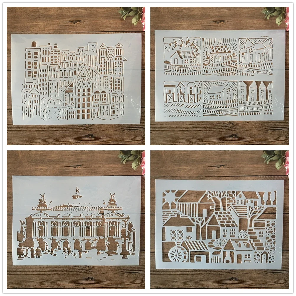 

4Pcs A4 29cm Buildings House DIY Layering Stencils Wall Painting Scrapbook Coloring Embossing Album Decorative Template