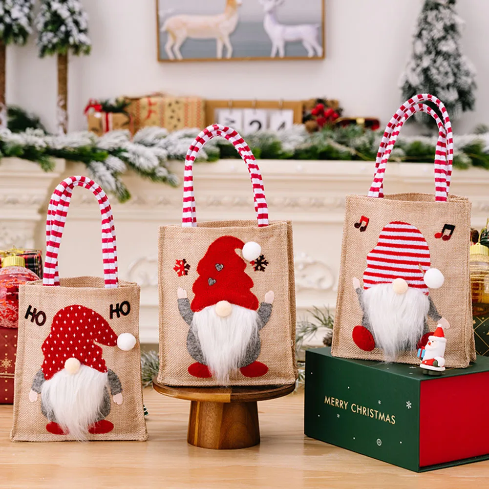 

Christmas Party Candy Bag Xmas Tote Gift Bags Decorations Santa Claus Snowman Gift Bags Xmas Linen Cartoon Storage Handbag