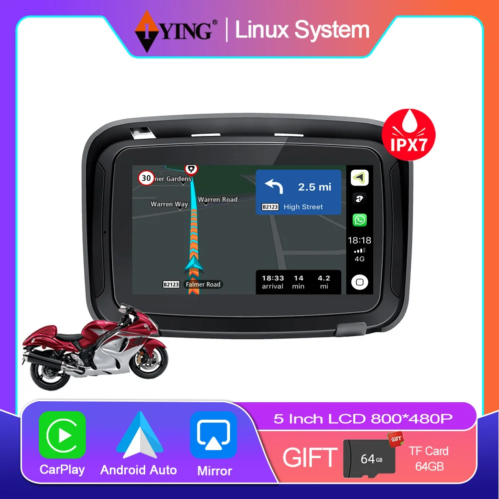 5 Inch Portable GPS Navigation Motorcycle Waterproof Carplay Display
