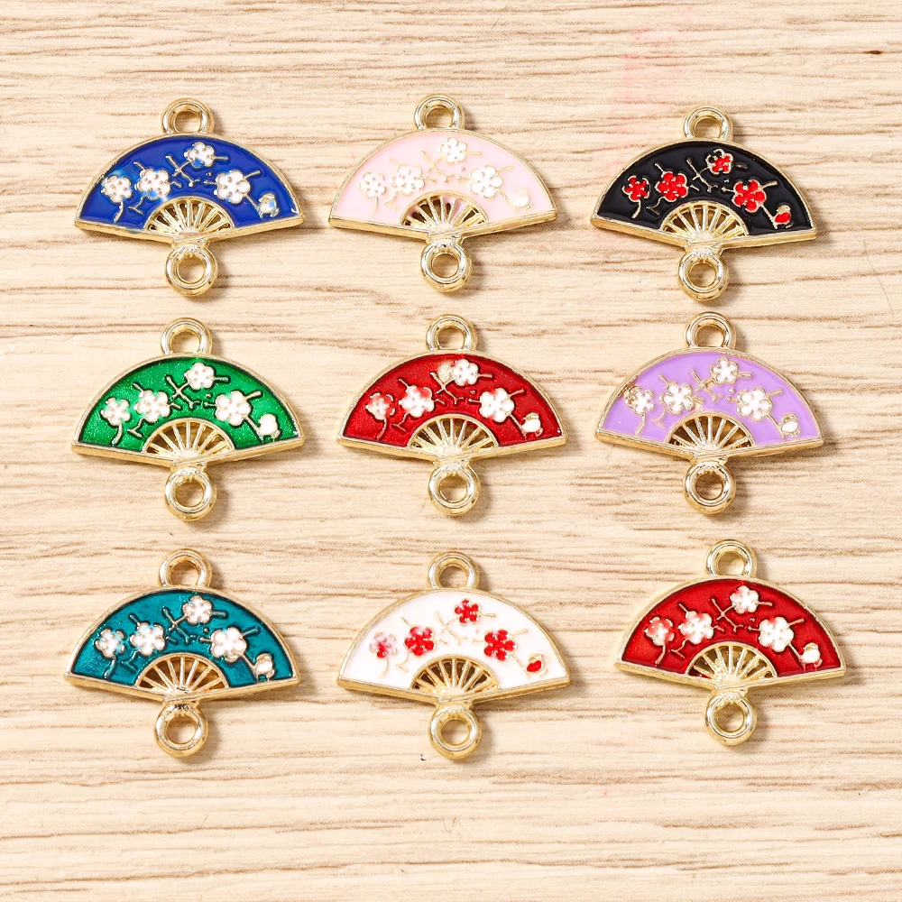 Tusember 10 Stück 14*16mm Niedliche Emaille-Sakura-Blumen-Fächer-Anhänger für DIY-Ohrringe, Armbänder und Schmuckzubehör