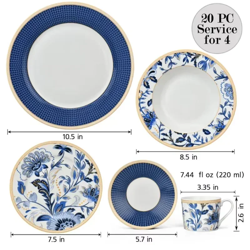20-Piece Ceramic Classic Oriental Blue Element Coffee Floral Tableware Set Suitable for Family Use and Dinner
