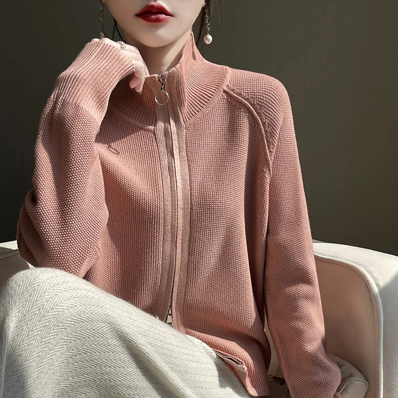 여성용 울 가디건 스웨터, 터틀넥 긴팔 탑, 한국 스타일 아우터, Mujer 니트 지퍼, 디자이너 봄 옷, 신상