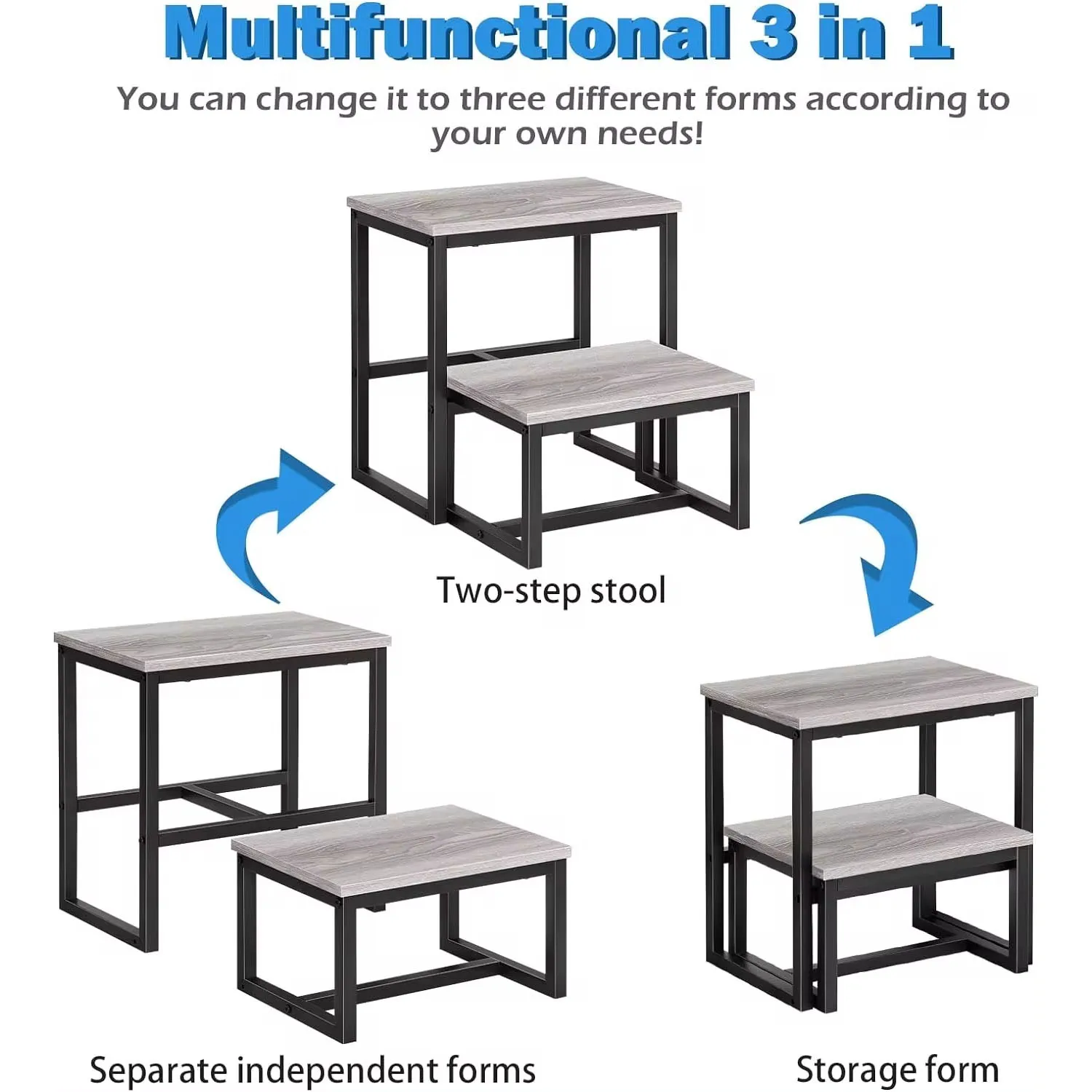 "Heavy-Duty Wooden Step Stool for Adults: 3-in-1 Bed Step Stool with Metal Frame, Supports Up to 500 lbs, Ideal for Kitchen & Ba