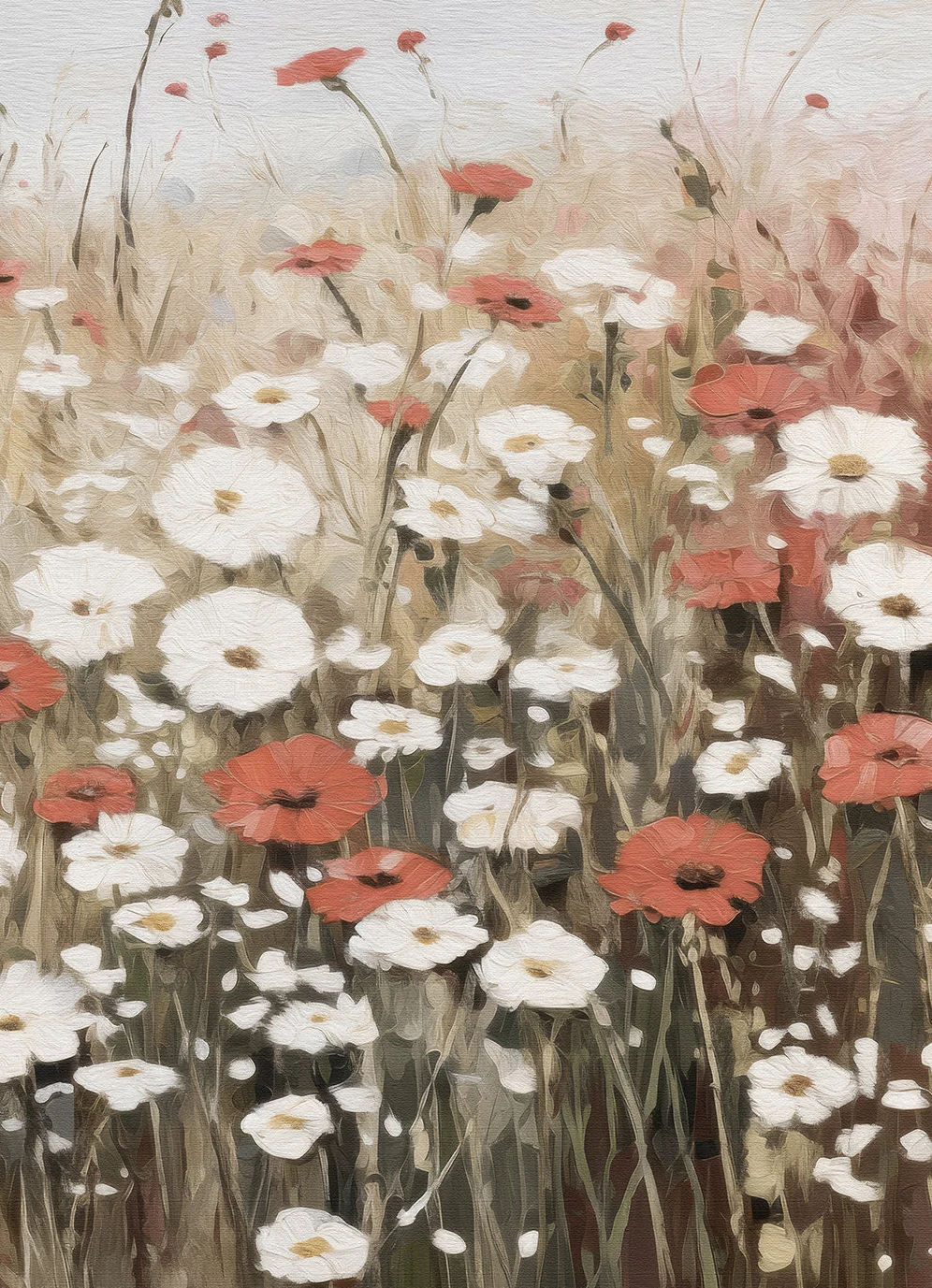 Wildflower Field Canvas Painting - Neutral Landscape Art for Farmhouse Living Room Decor