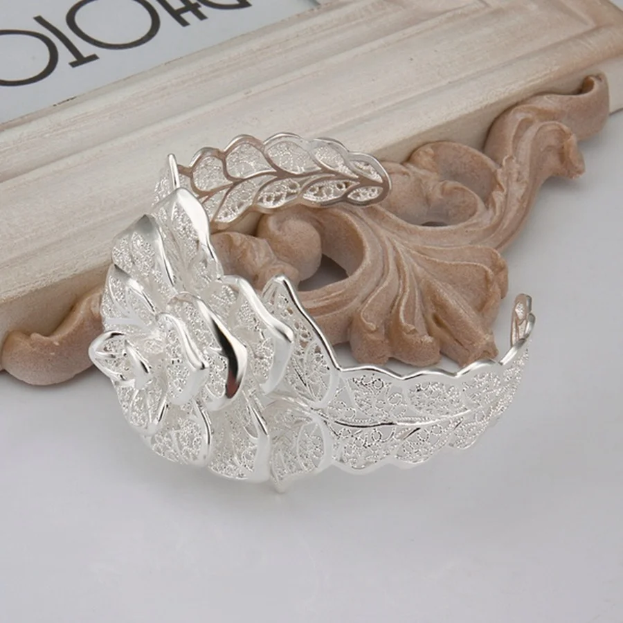 925 Sterling Silver jewelry bangle Hot engagement  exquisite retro charm hollow big women lady flowers openings bracelet - 6