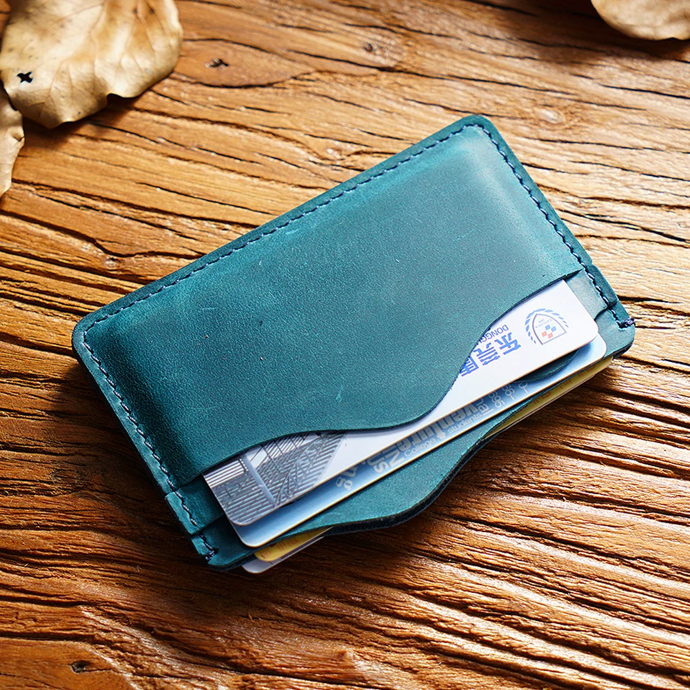 Artisan-Crafted Vintage Card Case: Top-Grain Leather Mountain Stream Design w/ Multi-Compartment Stitching