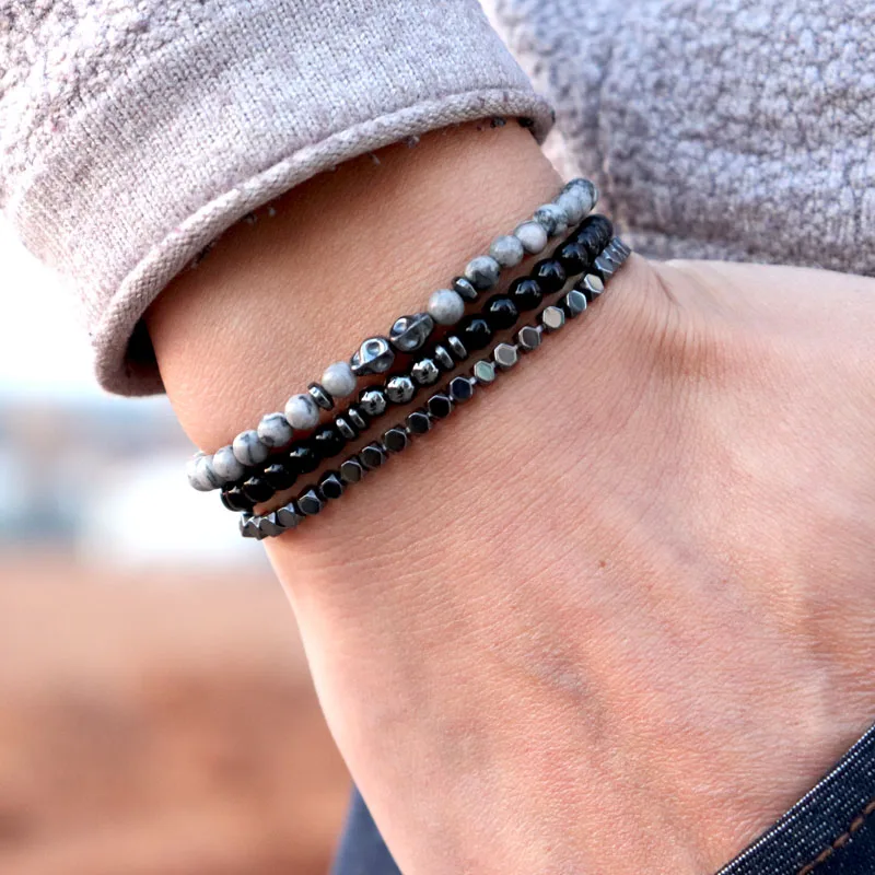 Men Handmade Seed Beads Gothic Skull Bracelet Hematite Stone Jewelry