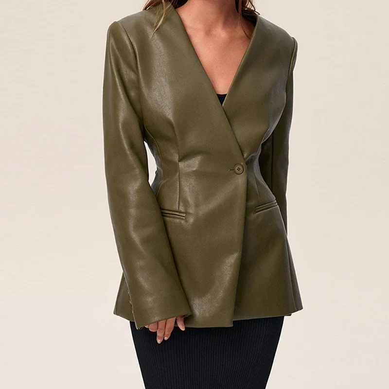Chaqueta de cuero para mujer, estilo urbano, verde, con pliegues, escote en V, un botón, manga larga, bolsillos, abrigo hasta la cintura, primavera 2025, estilo urbano Y2K.