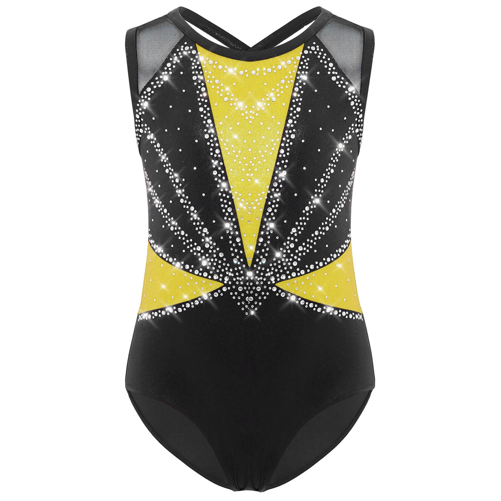Kinder Mädchen Eiskunstlauf Kostüm Ballett Tanz Akrobatik Gymnastik Yoga Body Ärmellos Glänzende Strasssteine Mesh Trikot – Detail 14
