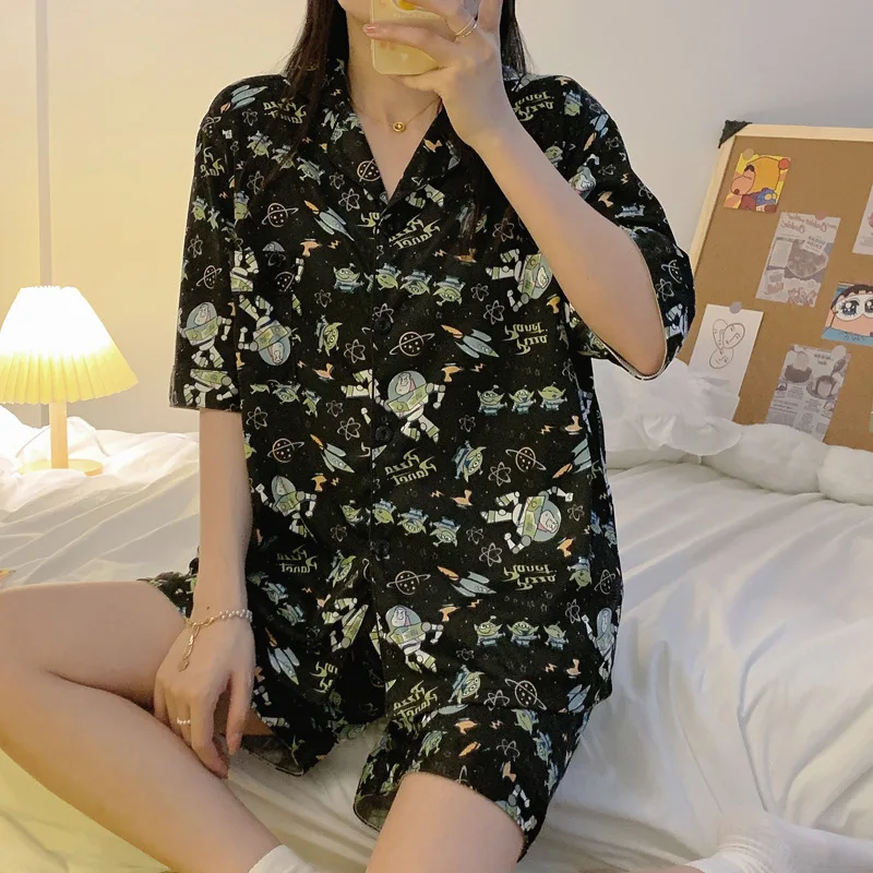 

Summer Pajamas New Sweet Cartoon Buzz Pajamas Women's Thin Short-sleeved Shorts Cartoon Fashion Cardigan Home Clothes