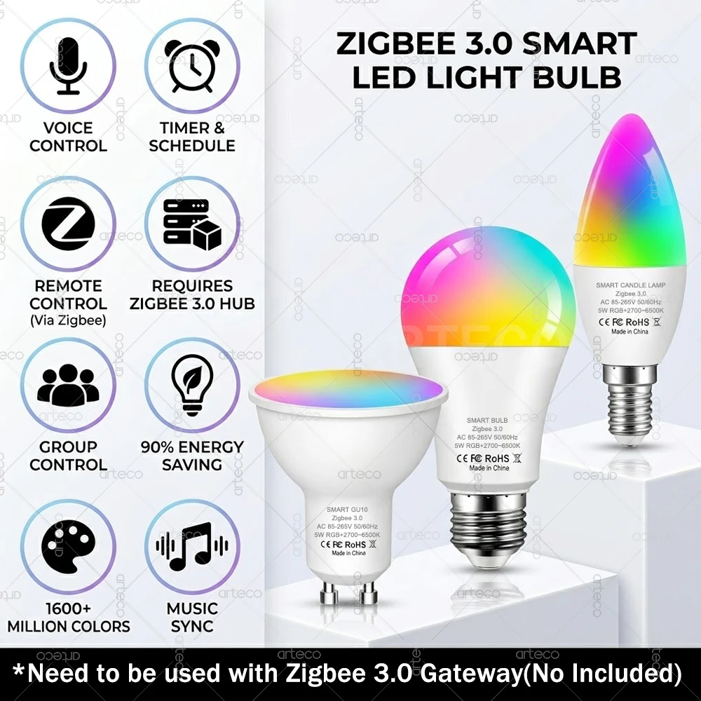 지그비 3.0 스마트 LED 전구 E27 E14 GU10 RGBCW LED 램프 음악 동기화, 지그비2MQTT, 홈 어시스턴트, 알렉사, 에코, 구글 홈과 호환