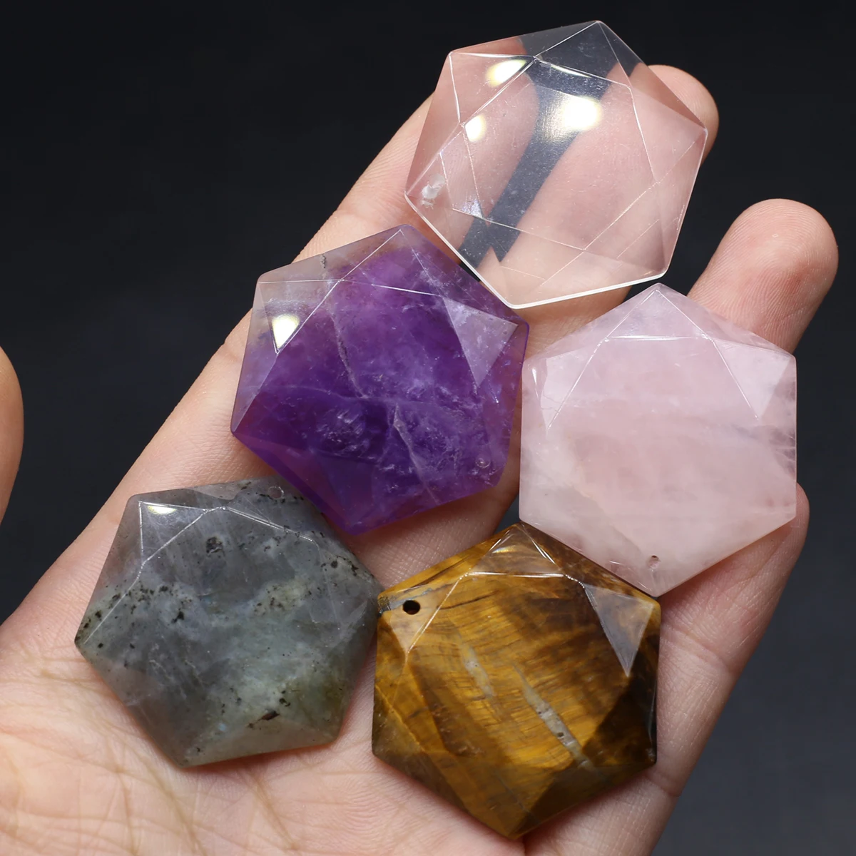 5PCS Reiki Healing Natural Amethyst Rose Quartz Tiger Eye Stone Flash Labradorite Hexagonal Pendant Jewelry Making DIY Necklace