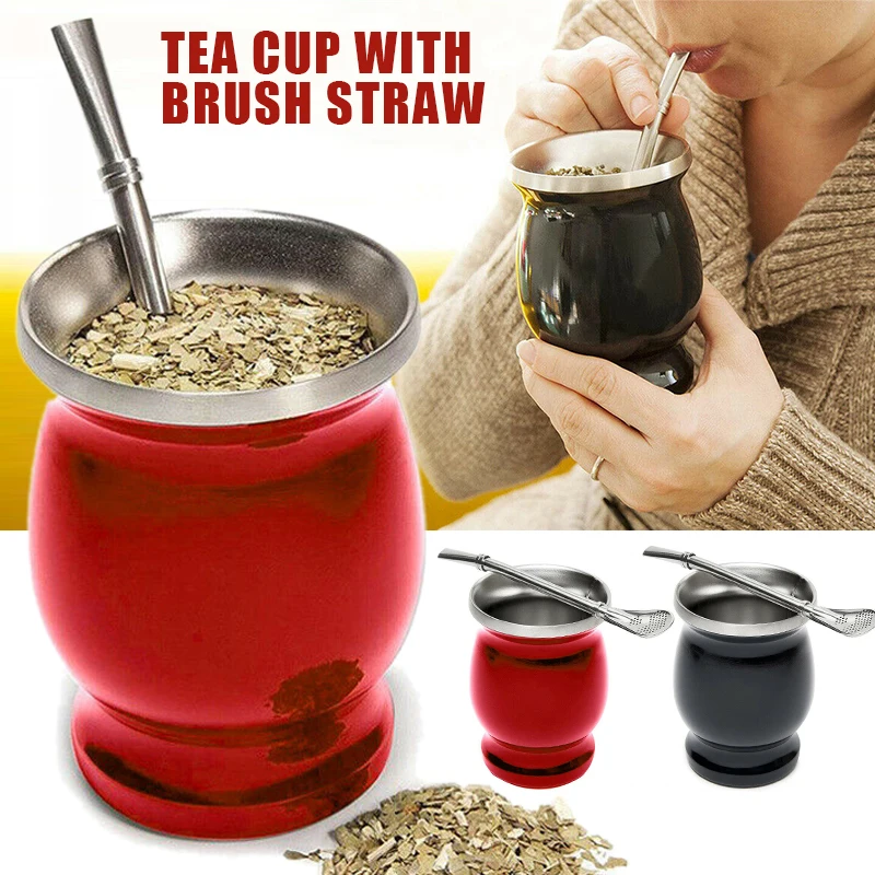 1Set 230ML Yerba Mate Cup Set Stainless Steel Double Wall Tea Cup with Spoon Brush Straw Gourd