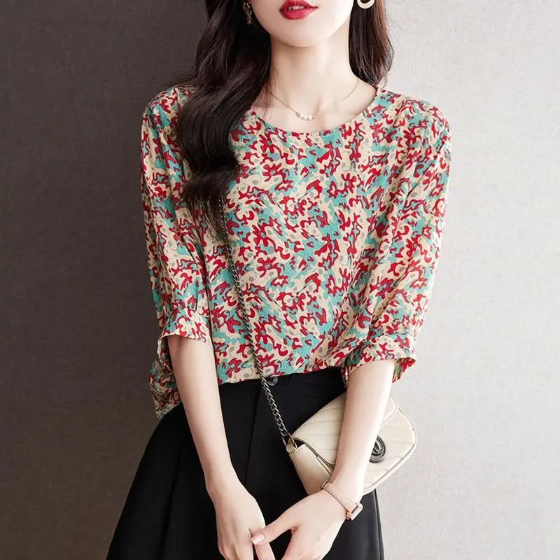 

Fashion Women's Printed Chiffon Shirt Summer New Casual Vintage Baggy All Match Blouse High Quality Simple Elegant Female Tops