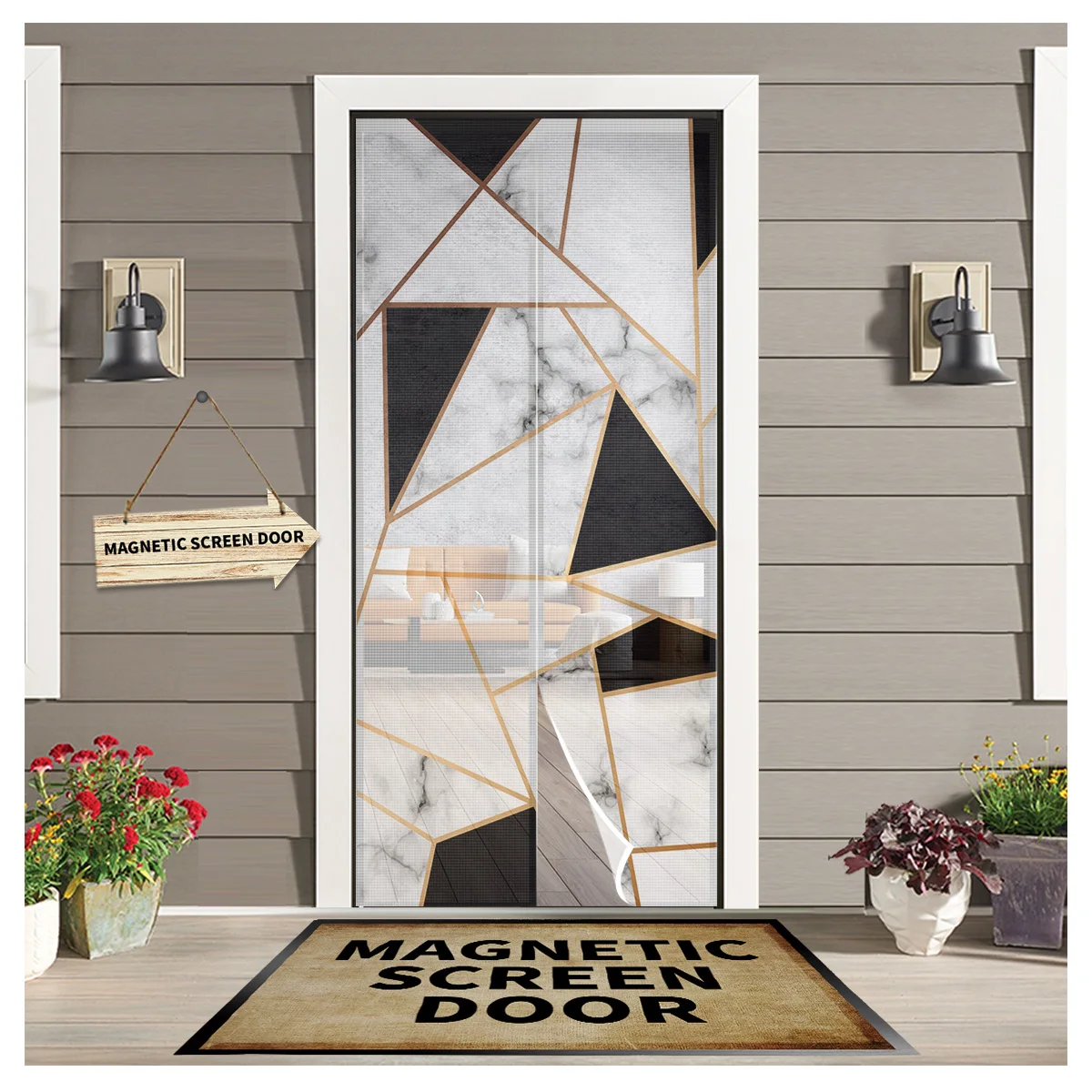 

Marble Texture White Black Square Kitchen Door Curtain Mosquito-proof Window Screen Bedroom Magnetic Door Curtain