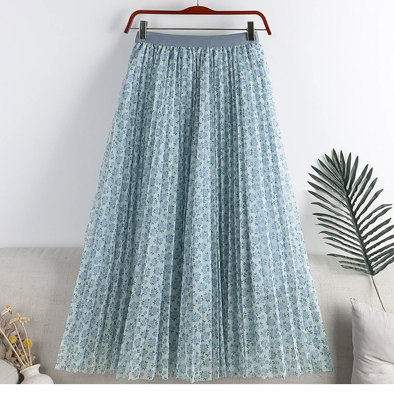 TIGENA 3 Layers Floral Print Maxi Tulle Skirt Women 2022 Summer Holiday Aesthetic A Line High Waist Pleated Long Skirt Female golf skirt