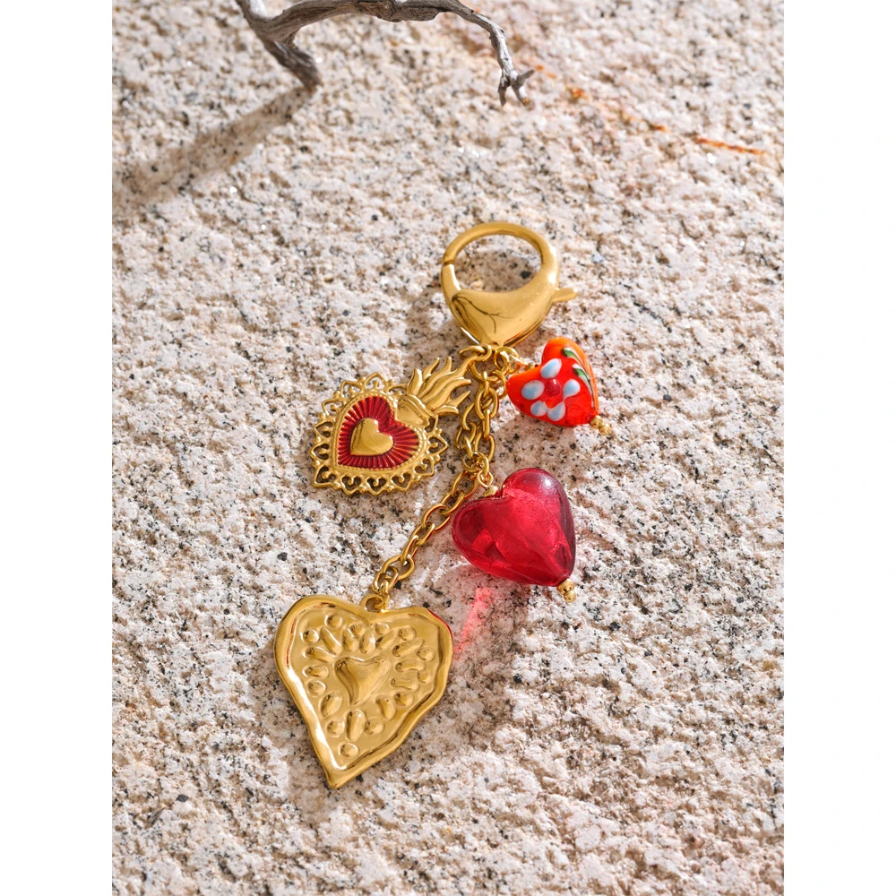 Yhpup Heart Pendant Keychain 18K Golden Stainless Steel