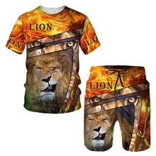  Men's T-shirt Set 3D Fierce Lion Print Oversized T-shirt/Shorts/Set Men's Sportswear T-shirt Top Summer Men's Clothing Set 