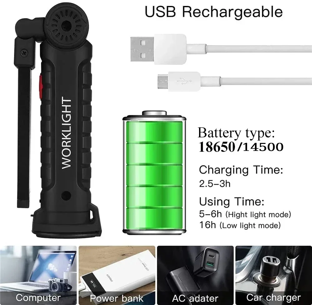 COB LED Work Light Dimmable USB Rechargeable LED Flashlight Inspection Lamp With Magnetic Hook Power Bank 18650 Battery Torch 5