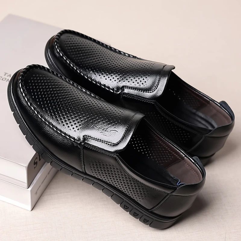 2024 New Summer Breathable Shoes for Men Genuine Leather Soft Casual Shoes Man Slip-on Cutout Shoes Cowhide Summer Loafers