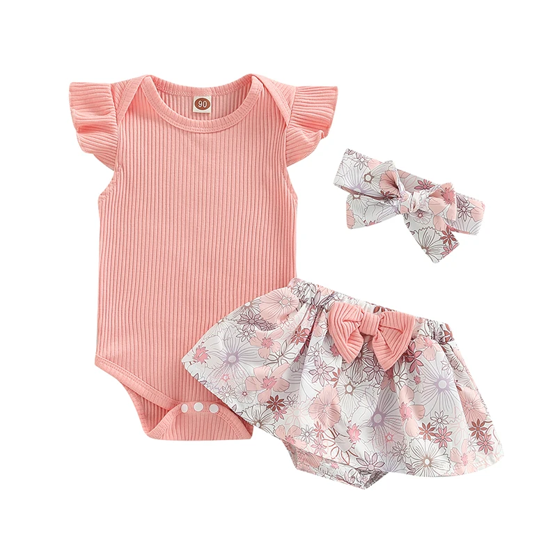 

Baby Girls Summer Outfit Sets Solid Color Flying Sleeve Romper + Floral/Leopard Print Shorts + Headband
