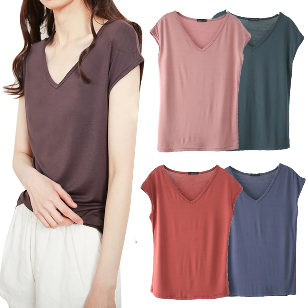 

Women T Shirt Summer Loose Tee Tops Casual Undershirt Solid Color V Neck Basic Tshirt Comfortable Pullover 2023 New High Quailty