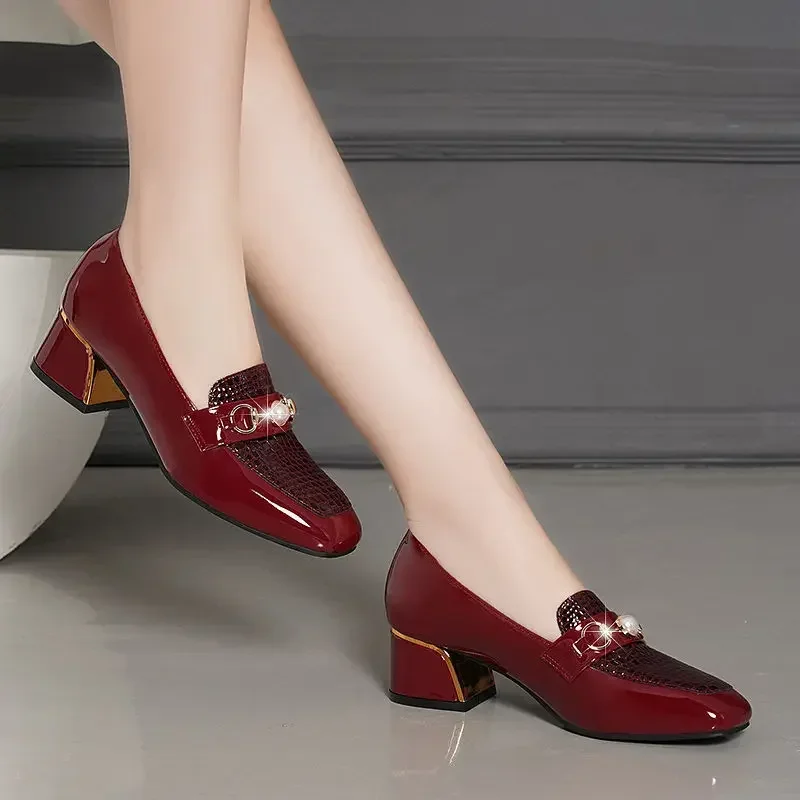 Women Pearl Pumps Luxury Black Patent Leather High Heels Fashion Square Toe Block Heel Thin Shoes Office Lady Slip-on Work Shoes,women pumps shoes