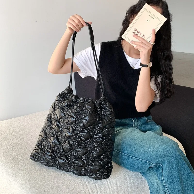 

Women Down Padded Bag with Quilted Stitch Square Nylon Winter Shoulder Bag Quilted Hobo Purse Big Shopper Tote Fashion Bag