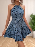 Women 2024 Summer Halter Neck Dresses Sleeveless Casual Floral Polka Dot Print Short Boho Ruffle Sundress - Image 6