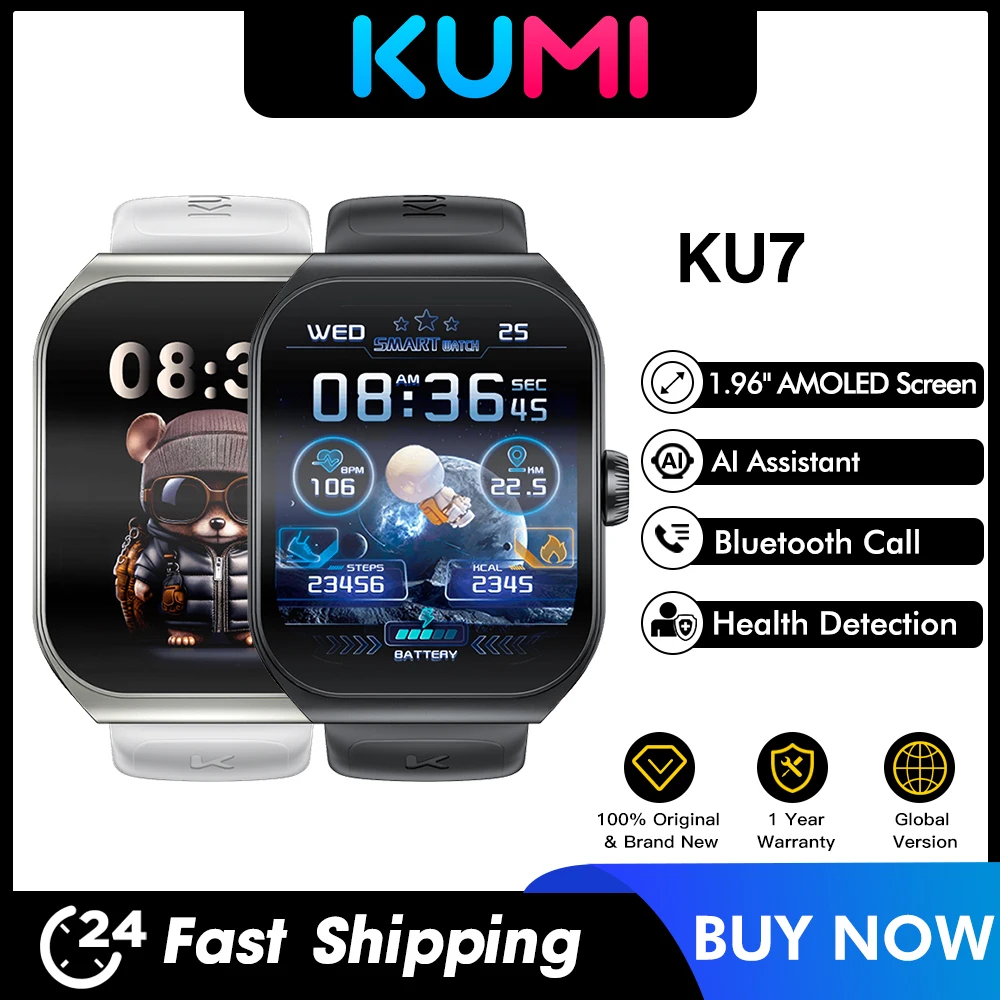 

KUMI KU7 Smartwatches 1.96" Amoled Screen 100+Sport Modes NFC IP68 Waterproof Bluetooth Call Health Sleep Monitoring SOS