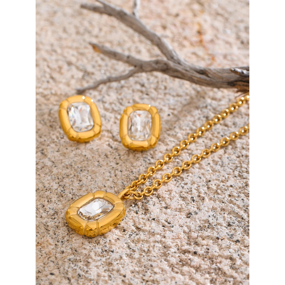 Yhpup Shiny Cubic Zirconia Rectangle Pendant Necklace Earrings