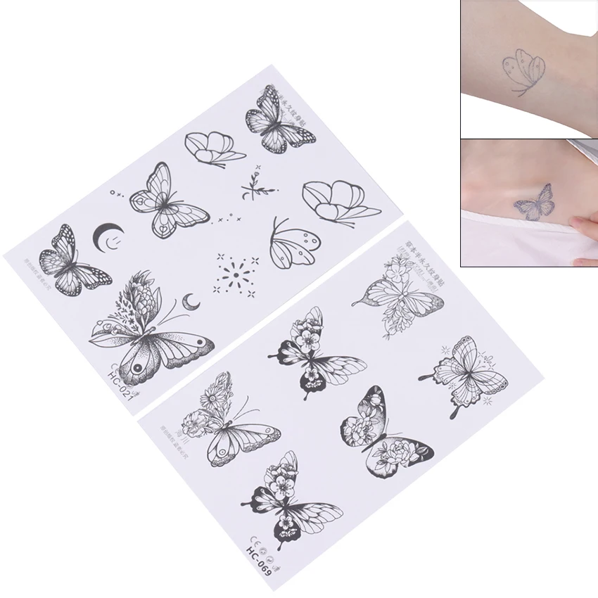 

2 шт. изысканные водонепроницаемые временные татуировки наклейки черная бабочка татуировка для женщин сексуальная шея руки грудь и боди искусство
