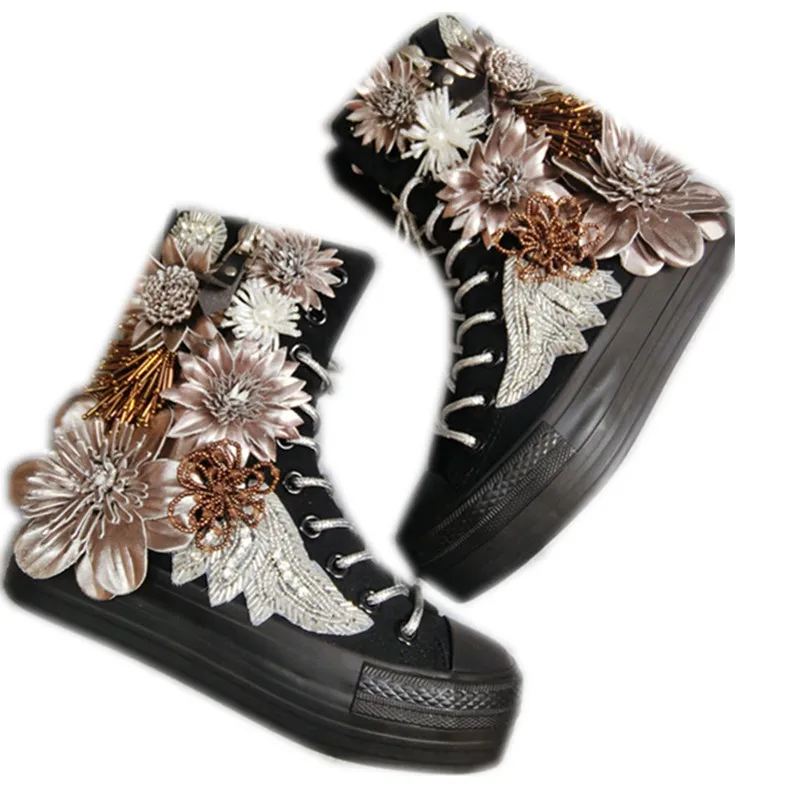 

Black Cotton Sneakers Strap High Top Spring Retro Brown Flowers Beaded Zipper Round Toe Canvas Shoes Cool Girls Fashion Flats