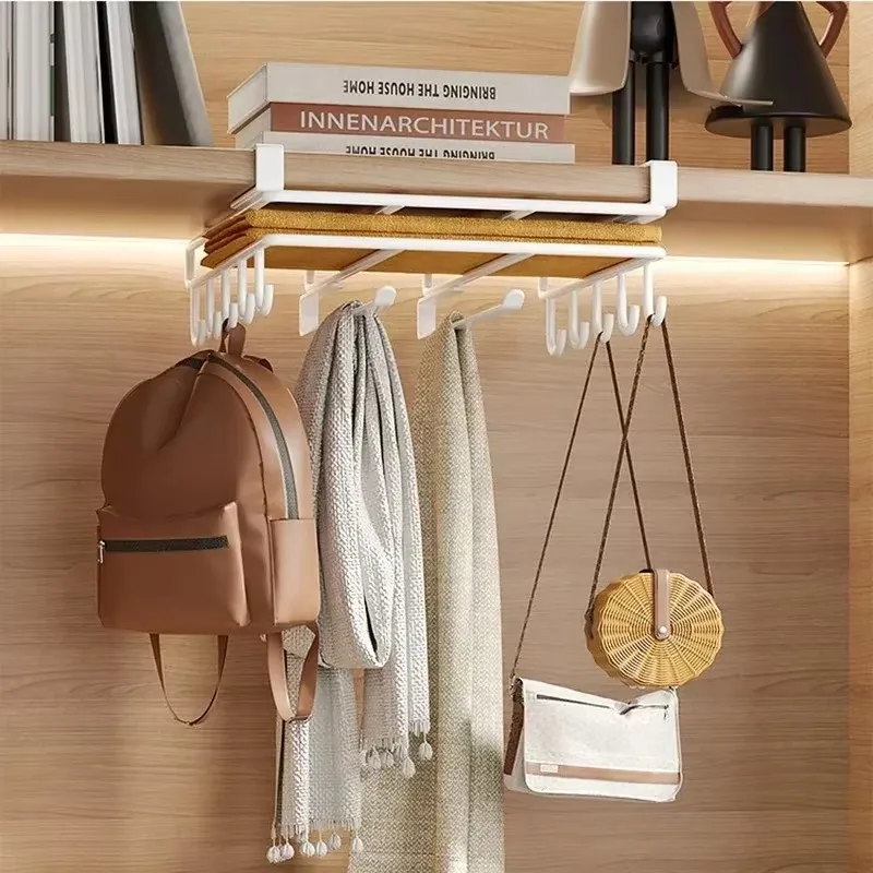 Storage Box Storage Tray Rotating Storage Organizer Kitchen Shelves Hanging Organizer Rack with Hooks Under Cupboard Paper Towel Rags Hanger Cutting Board Pot Cover Holder Storage