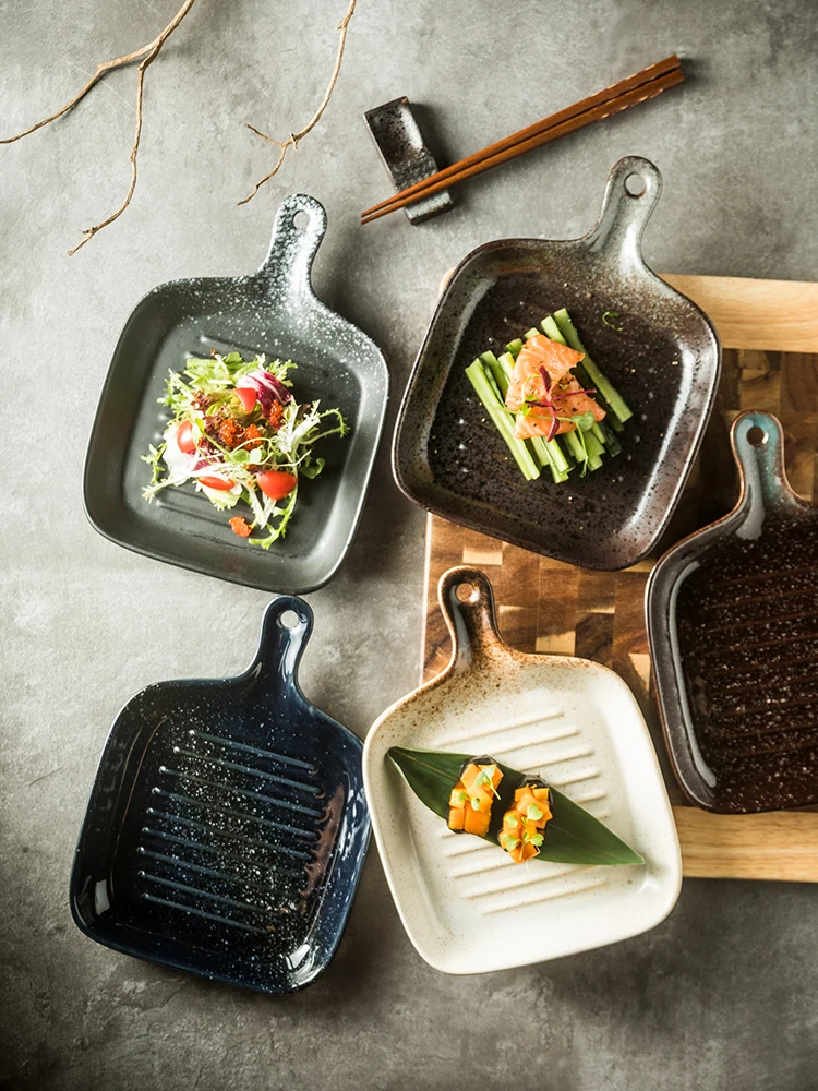 Ceramic Dessert Plate Oven Specific Breakfast Plate Japanese Square Handle Salad Platea Nuts, sushi, vegetables fruit