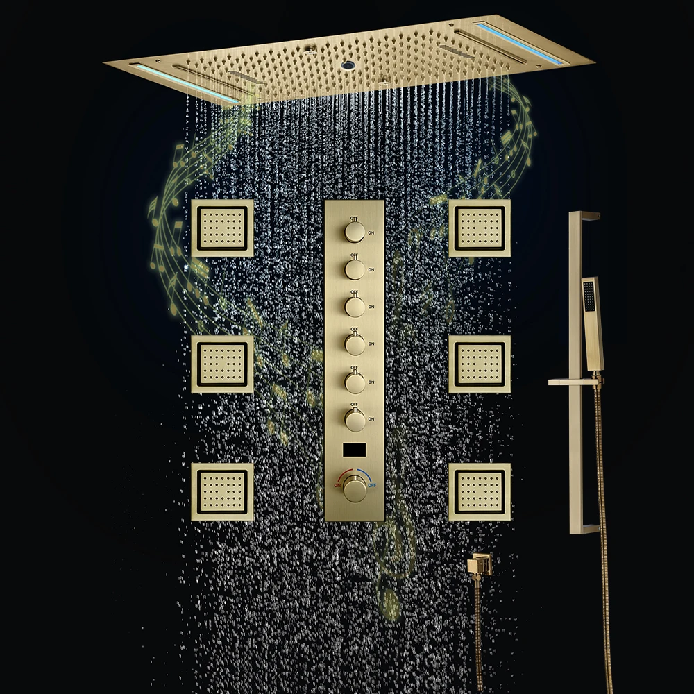 Luxury 638*338mm Big Rain Shower Head Bathroom Faucets Hotel Hot and Cold Golden Shower System Set Music Waterfall Showerheads