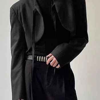 INCERUN 남성용 불규칙 블레이저 단색 레이스업 긴팔 오픈 스티치 크롭 수트, 남성 2023 패션, 얇은 코트 S-5XL