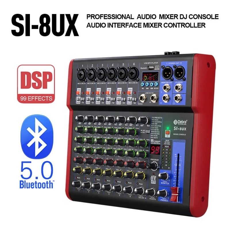 Debra Pro 8 Channel DJ Controlle With 99DSP Reverb Effect Bluetooth 5.0 USB Mixer USB For Karaoke PC Recording Condenser Mic.