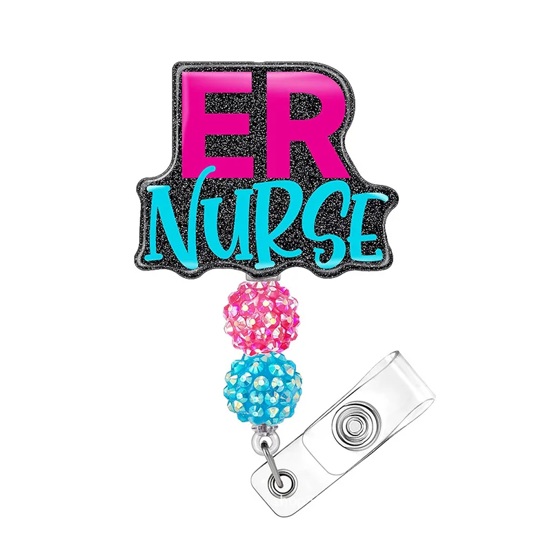 Acrylic Glitter Beaded Retractable Badge Reel Nurse Doctor Student
