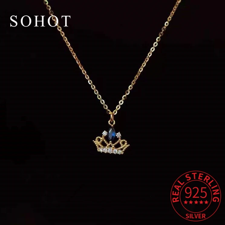 

Real 925 Sterling Silver Blue Zircon Crown Pendant Necklaces for Women Trendy Personality Fine Jewelry Minimalist Accessories