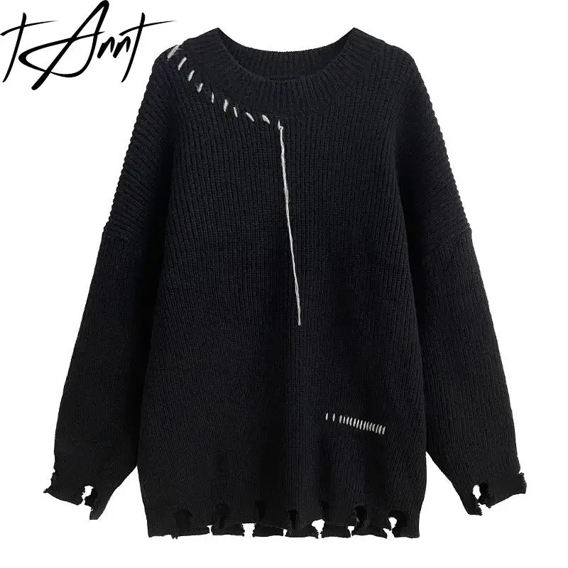 

Tannt Women Sweater Asymmetry Hollow Out Holes Long Black Pullover Knitting Color Matching Loose Oversize Winter Knitting Tops