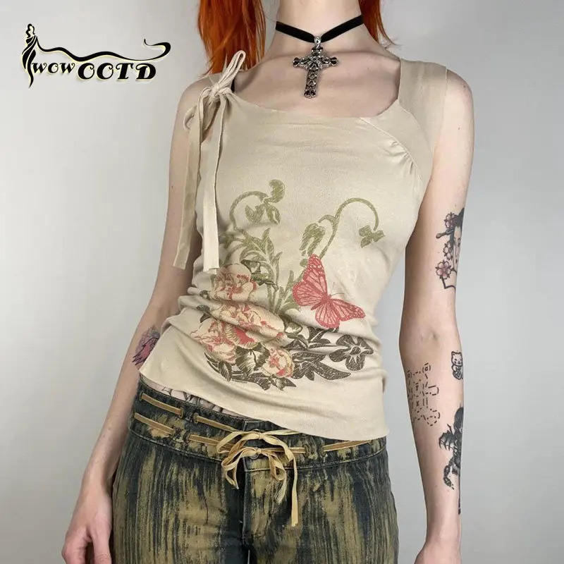 

WOWOOTD Retro Y2k Grunge Streetwear Tank Tops Fairycore Aesthetic Lace Up Crop Top Vintage Gothic Women Summer Sleeveless 2023