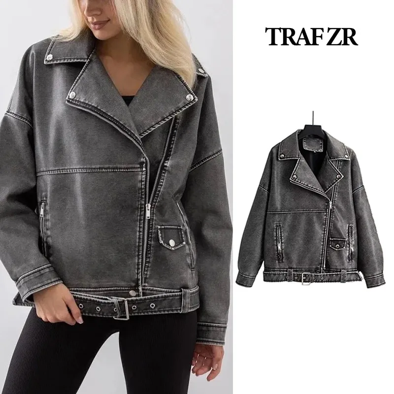 

TRAF ZR Asymmetric Zip Leather Faux Fur New in Coats & Jackets Winter Luxury Designer Clothing Women High Street Long Sleeve