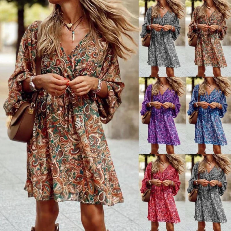 

Women's New Summer Pullover 2023 Fashion Print Loose A-Line Skirt Sexy V-Neck Oversized Casual Three-Quarter Sleeve Dress S-5XL