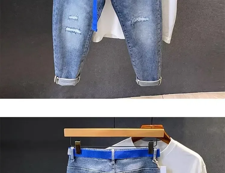 Description Picture 3 of itemTrendy Straight-leg Slim Fit Jeans For Men Spring 2024 New Style Holes At The Top 9 Points 70% Cotton 20% Elasticity Pants