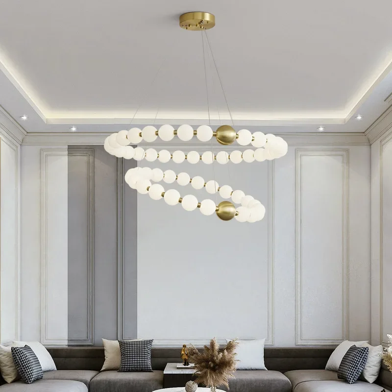 French Pearl Necklace Dining Chandelier Nordic Living Room Chandelier Full Copper Buddha Bead Acrylic Lamp