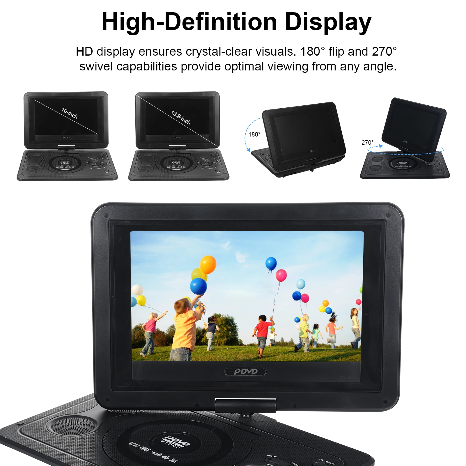 13.9'' Portable DVD Player with 270&deg; Swivel HD Screen Home Car TV DVD Player with Game Function Car Charger & AC Adapter